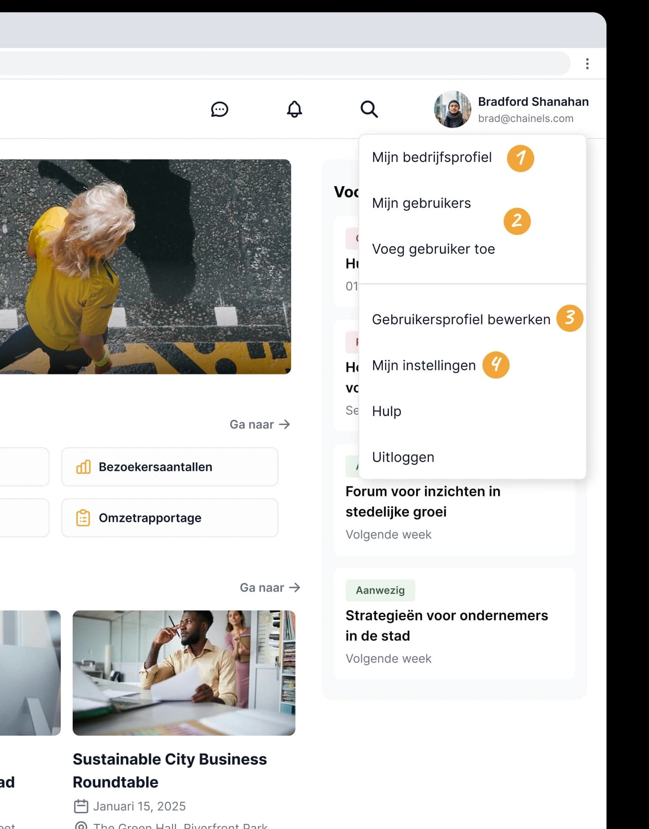 Het profielmenu in de City Connect webapp, met de vier stappen aangewezen