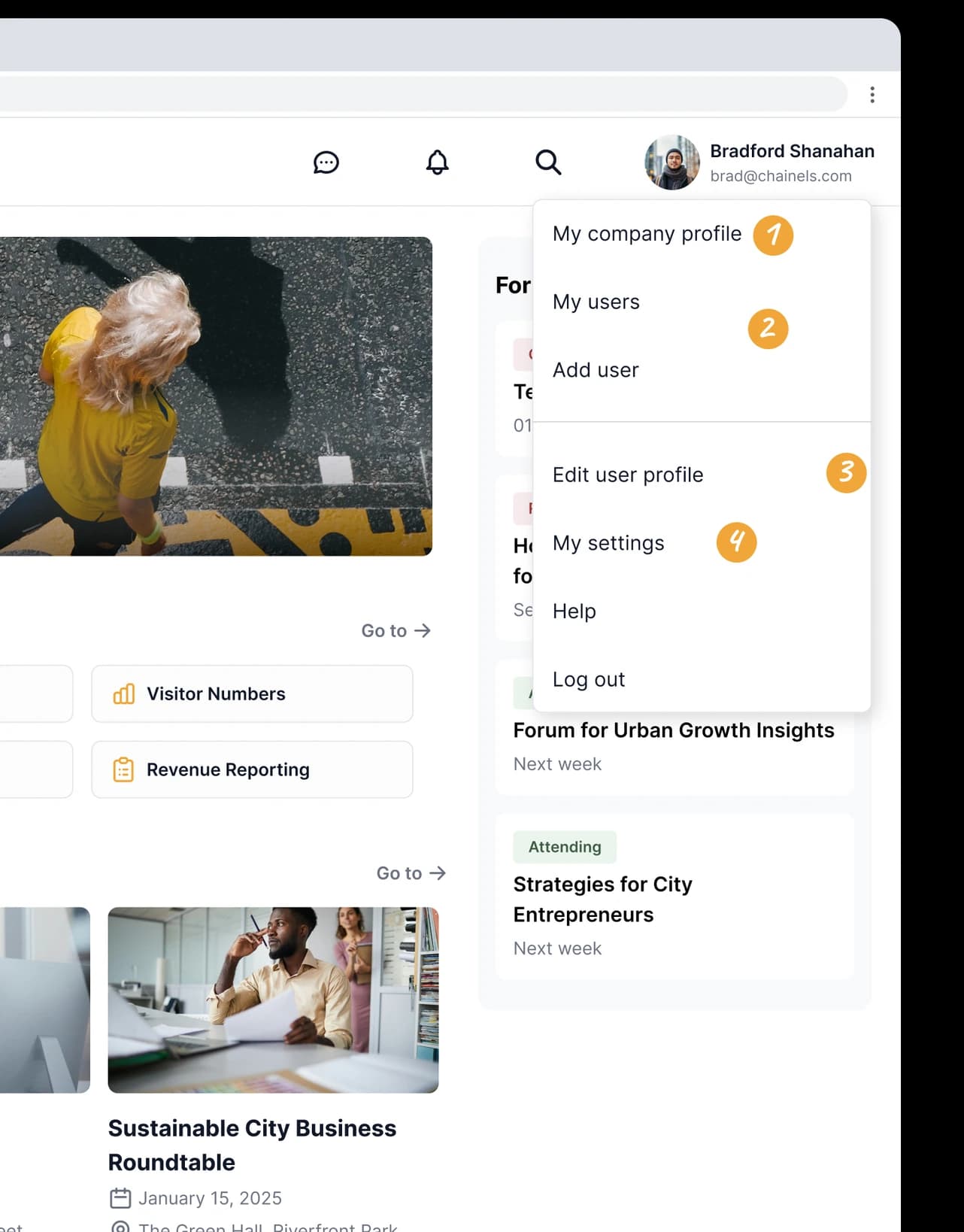 The profile menu in the City Connect web app, with the four steps pointed out