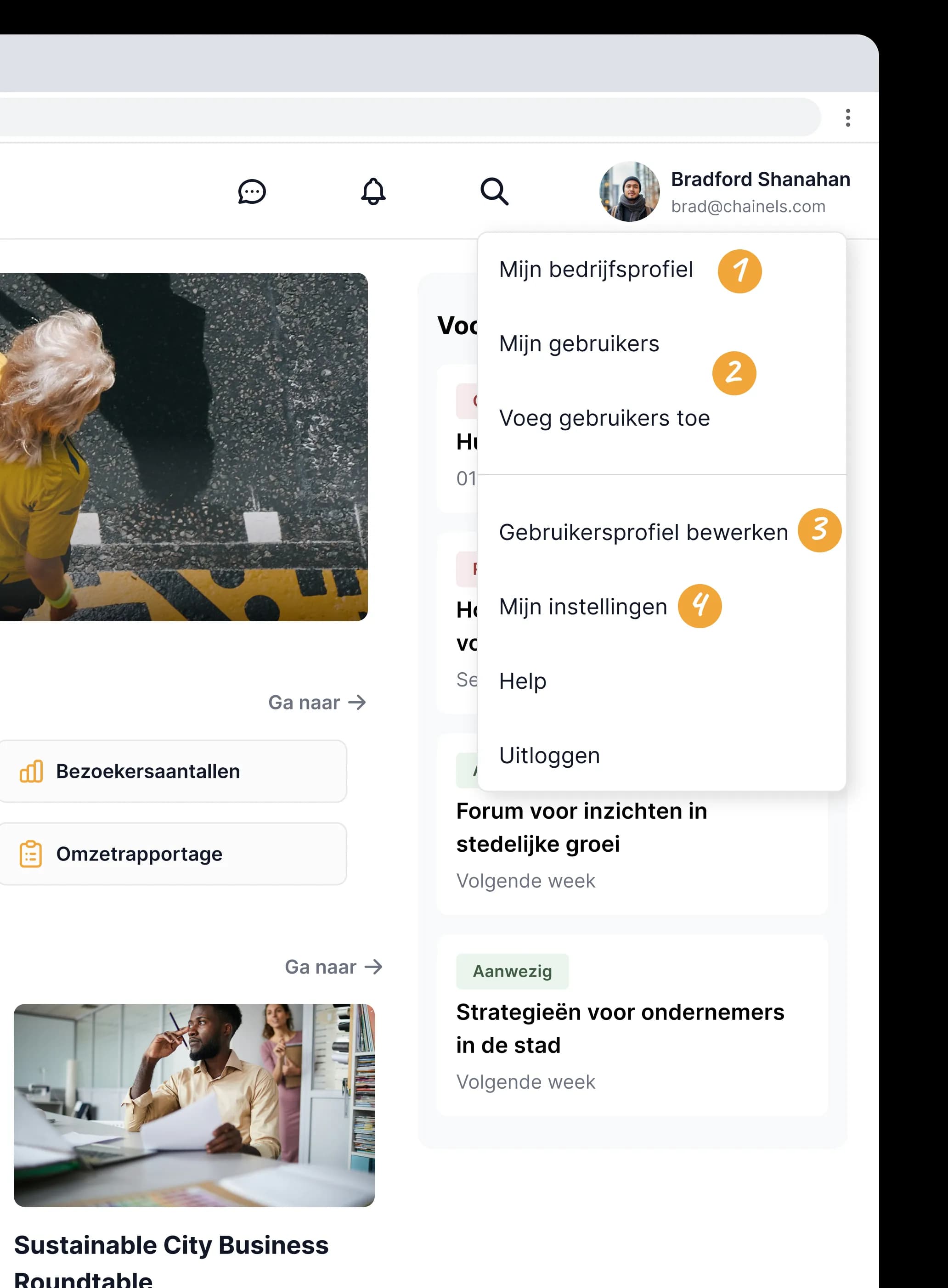 Het profielmenu in de City Connect webapp, met de vier stappen aangewezen