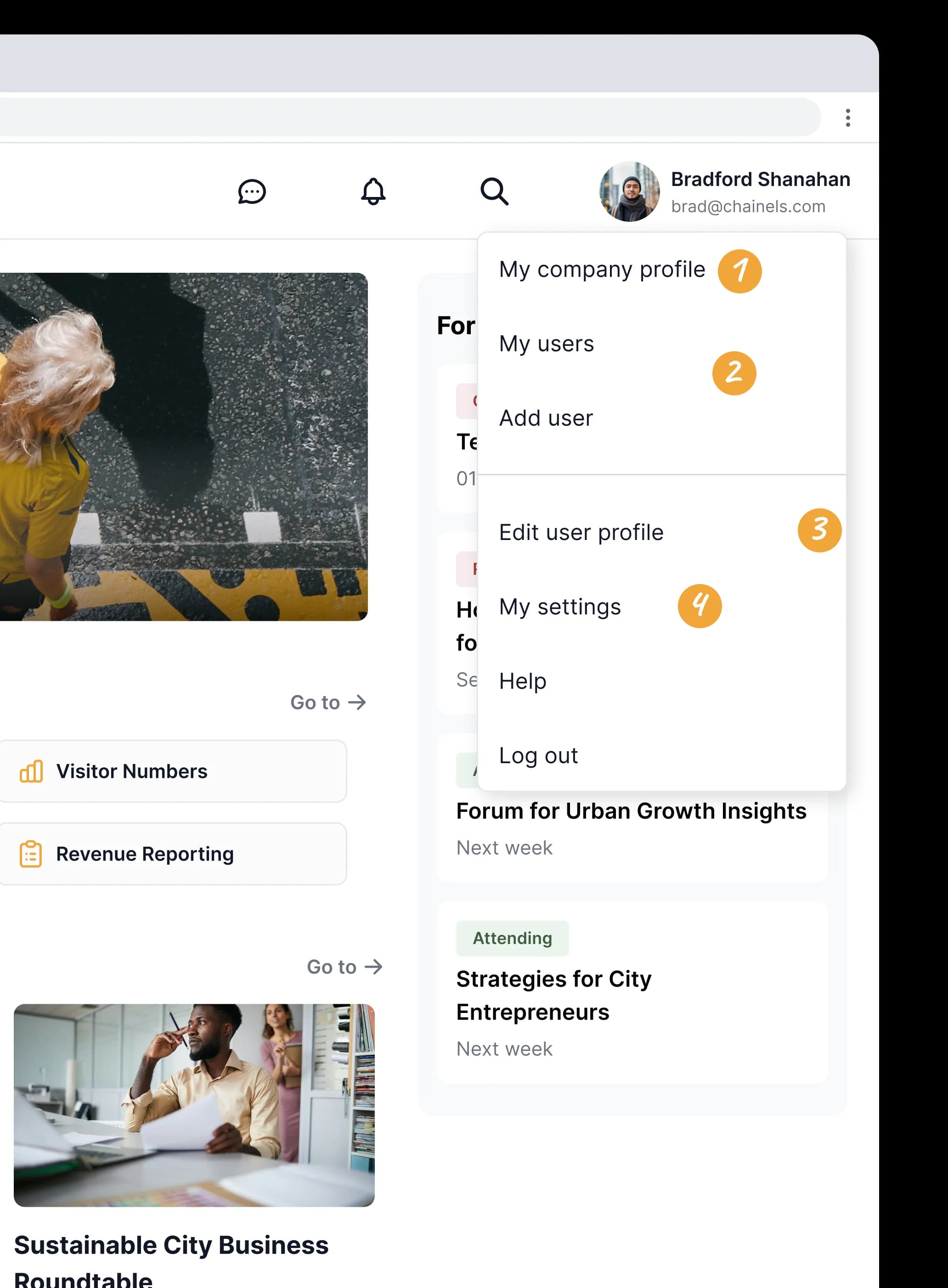 The profile menu in the City Connect web app, with the four steps pointed out