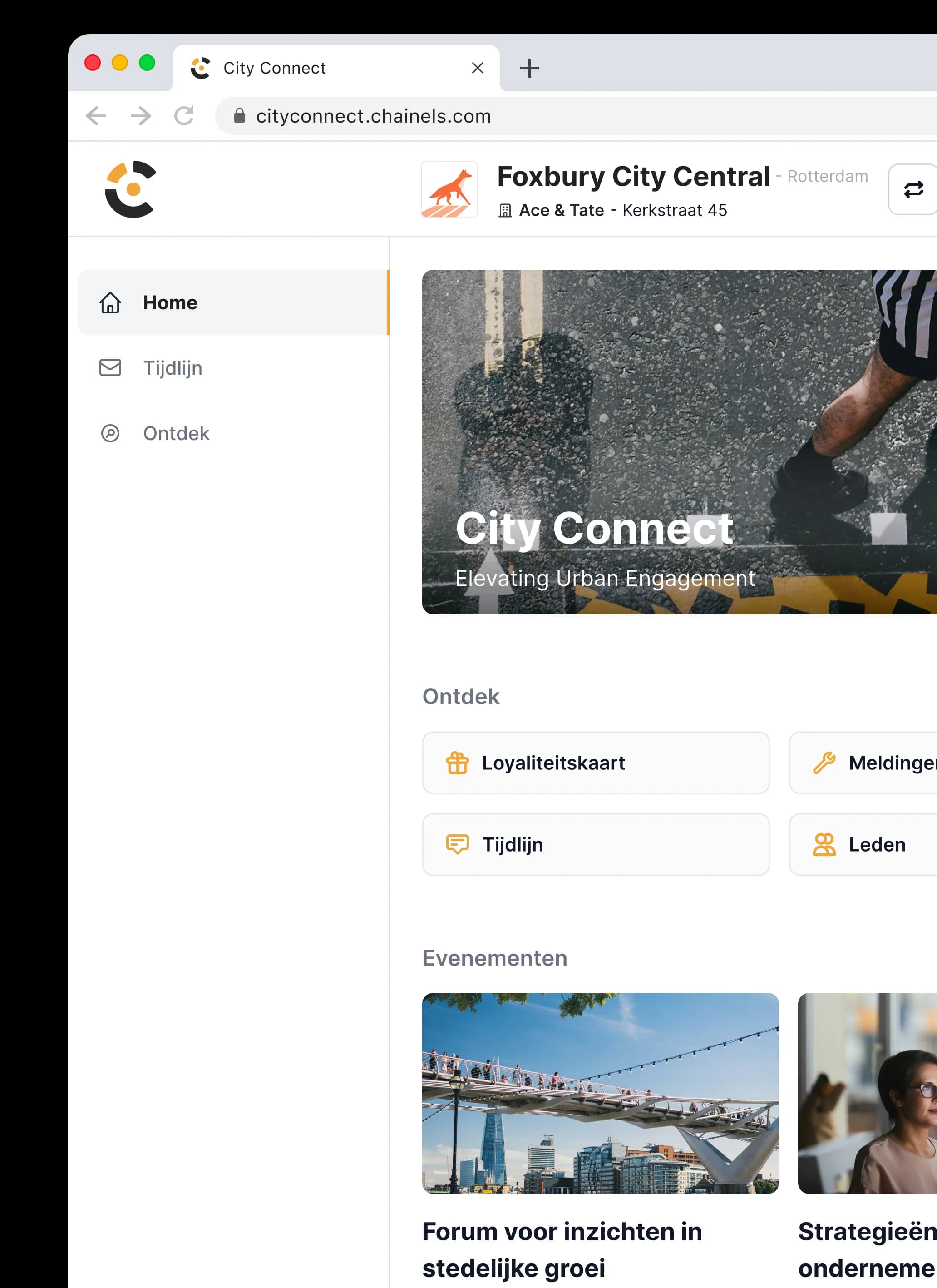 De City Connect webapp met de navigatie Home, Tijdlijn en Ontdek