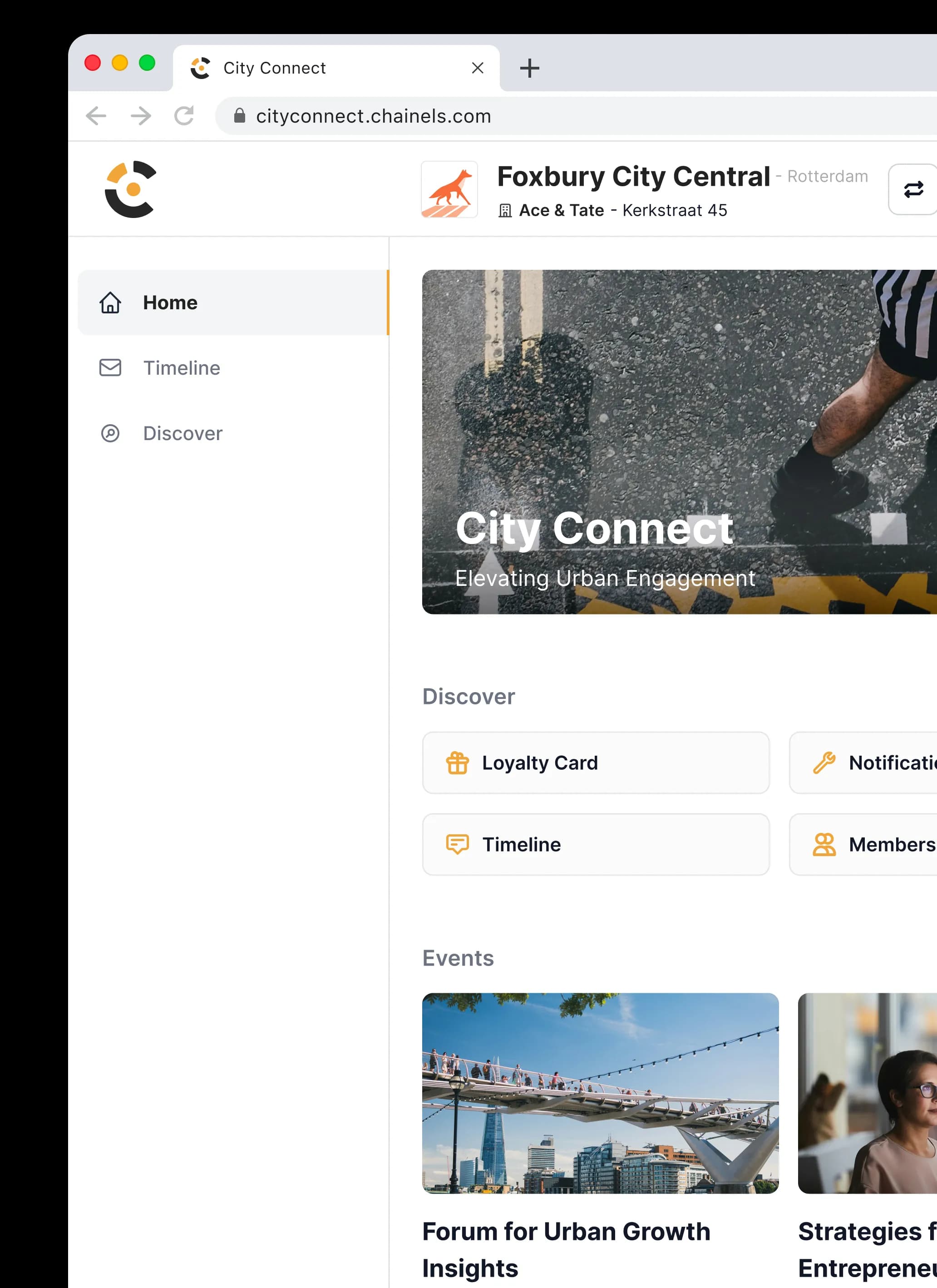 The City Connect web app with the Home, Timeline and Discover navigation
