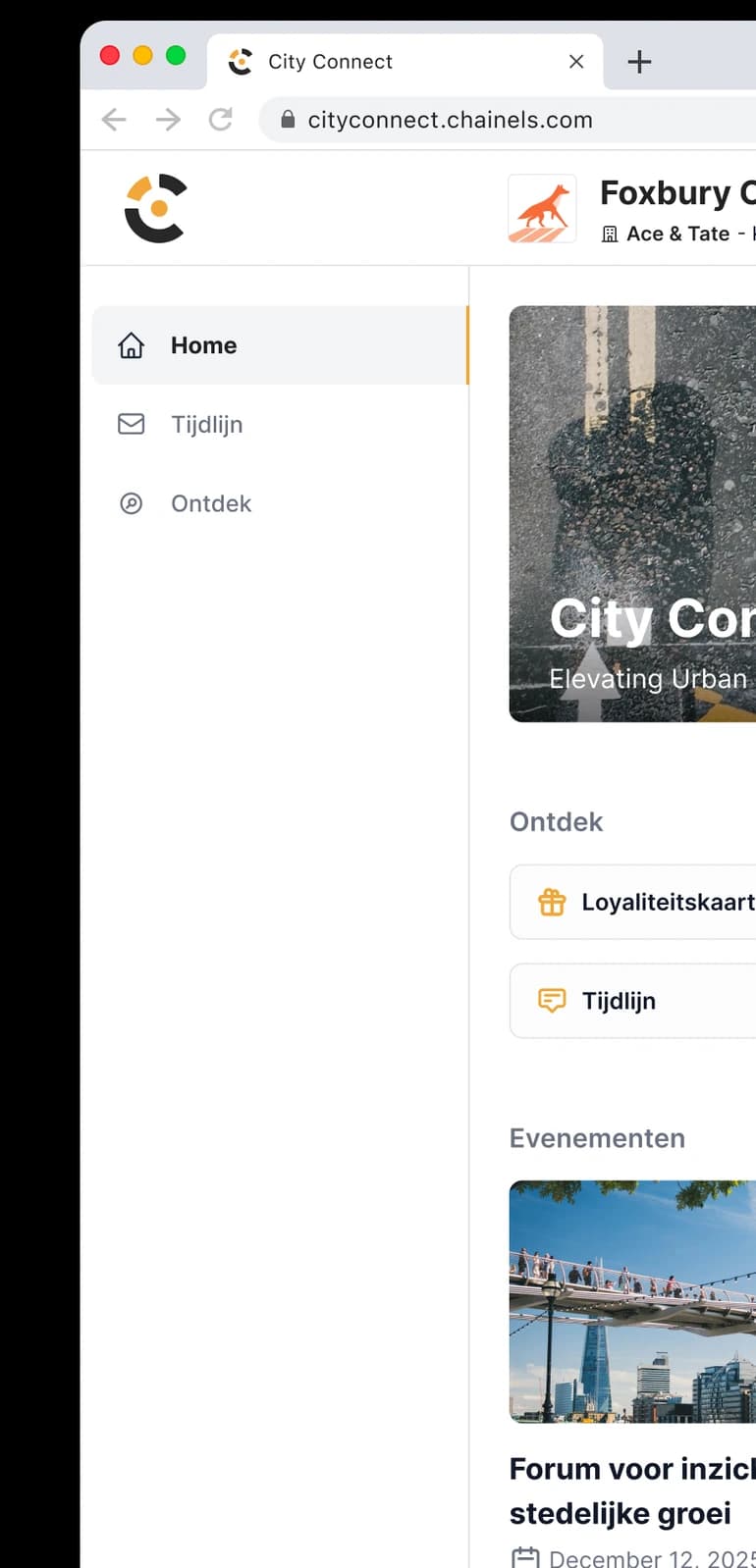 De City Connect webapp met de navigatie Home, Tijdlijn en Ontdek