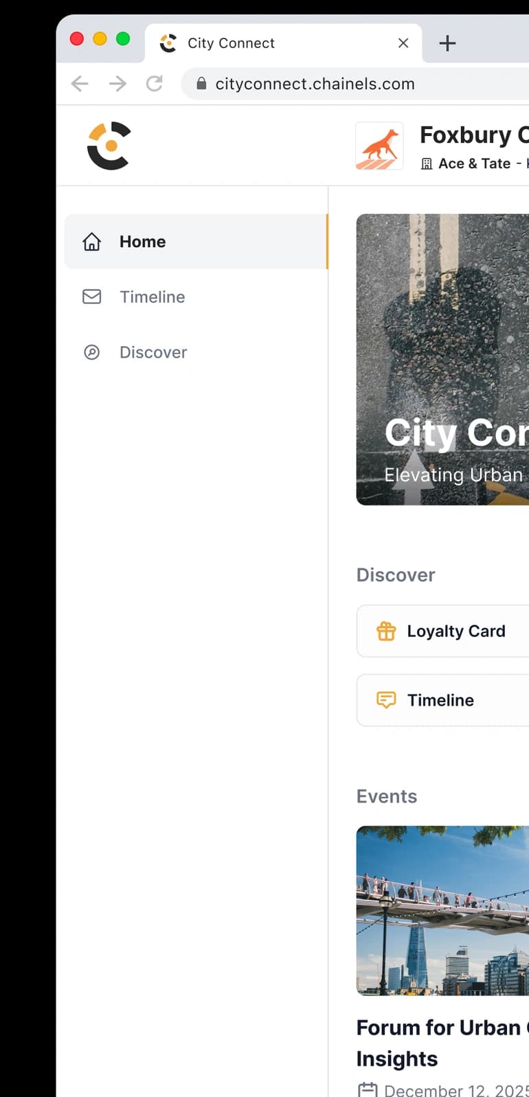 The City Connect web app with the Home, Timeline and Discover navigation